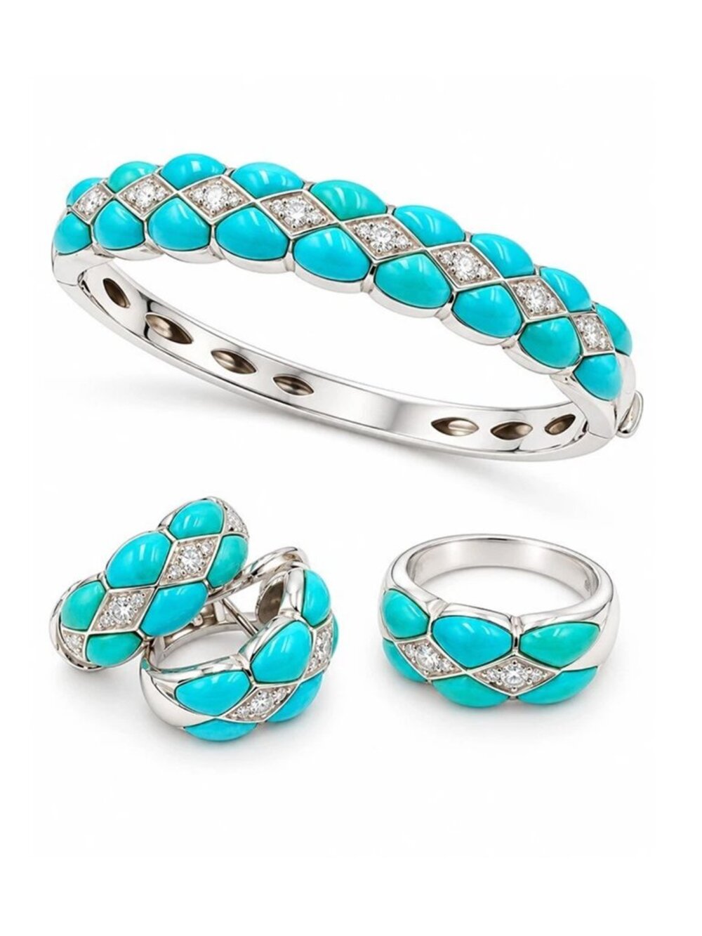Natural Turquoise & Diamonds Elegant 18k White Gold Ring, Bangle, Earrings Set